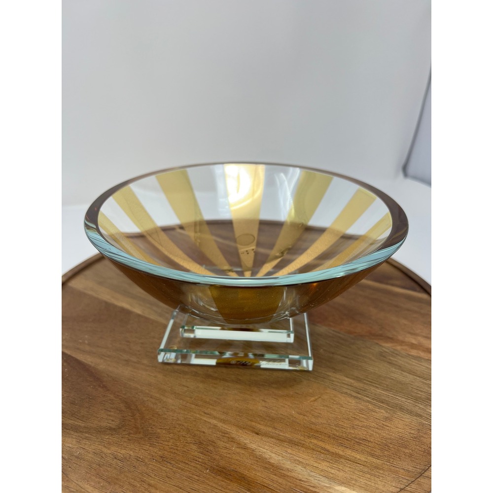 Glass Pedestal Bowl Amber Gold Sunburst‎ Stripes Clear Crystal Footed Dish